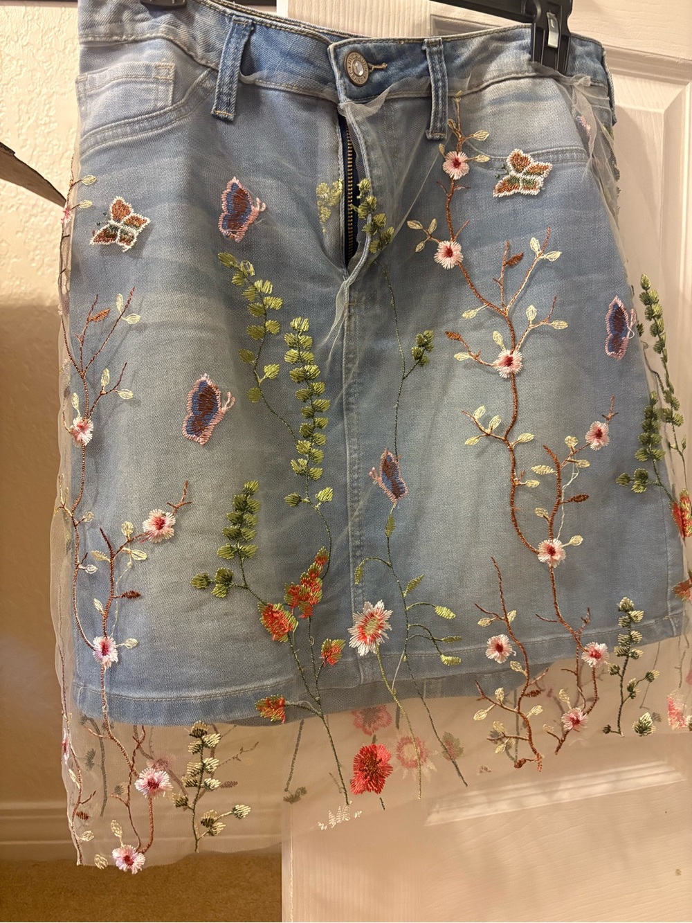 Hydraulic Light Blue Denim Mini Skirt with Floral Embroidery size 8
